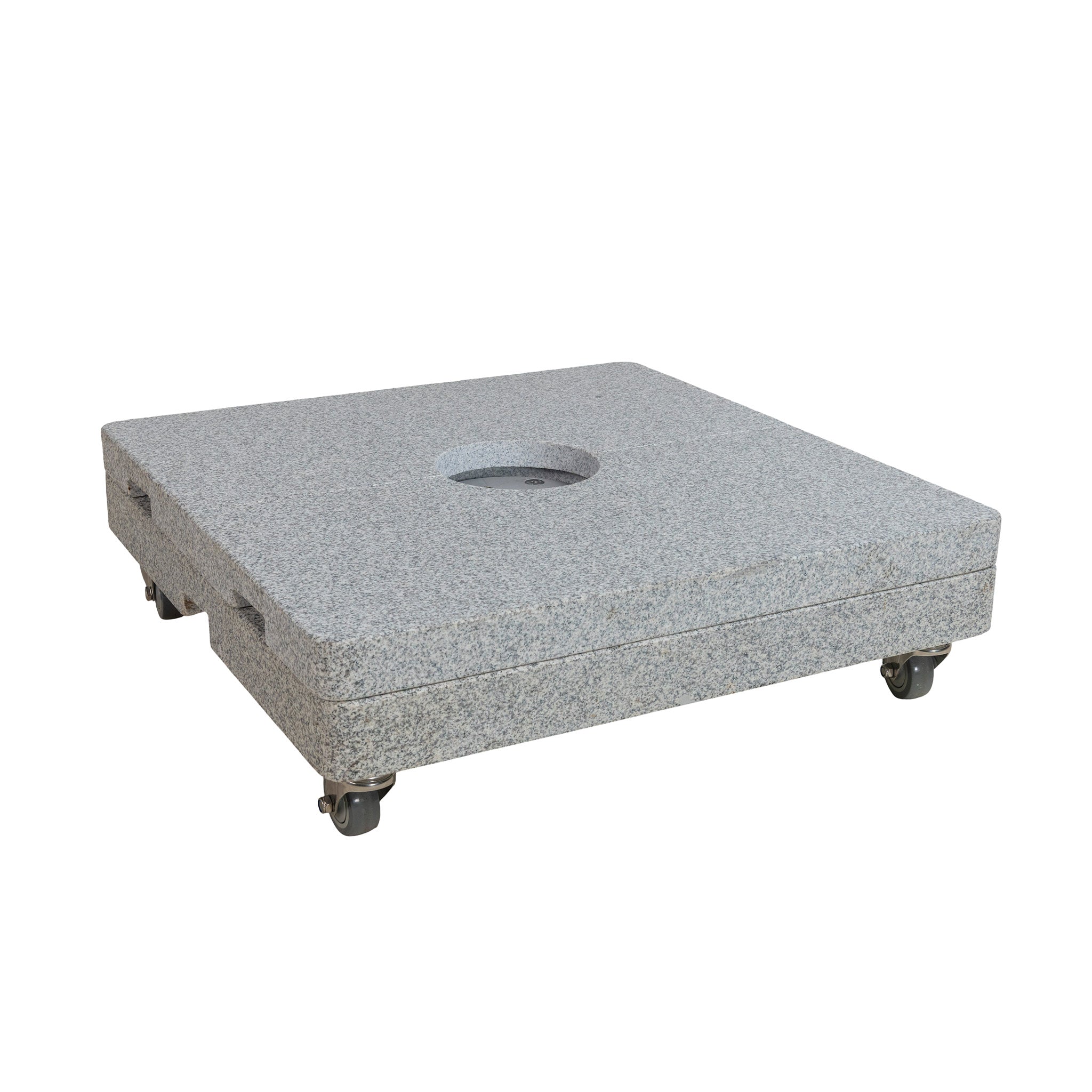 Portofino and St Tropez cantilever umbrella square granite base on wheels with white background. Angle view.