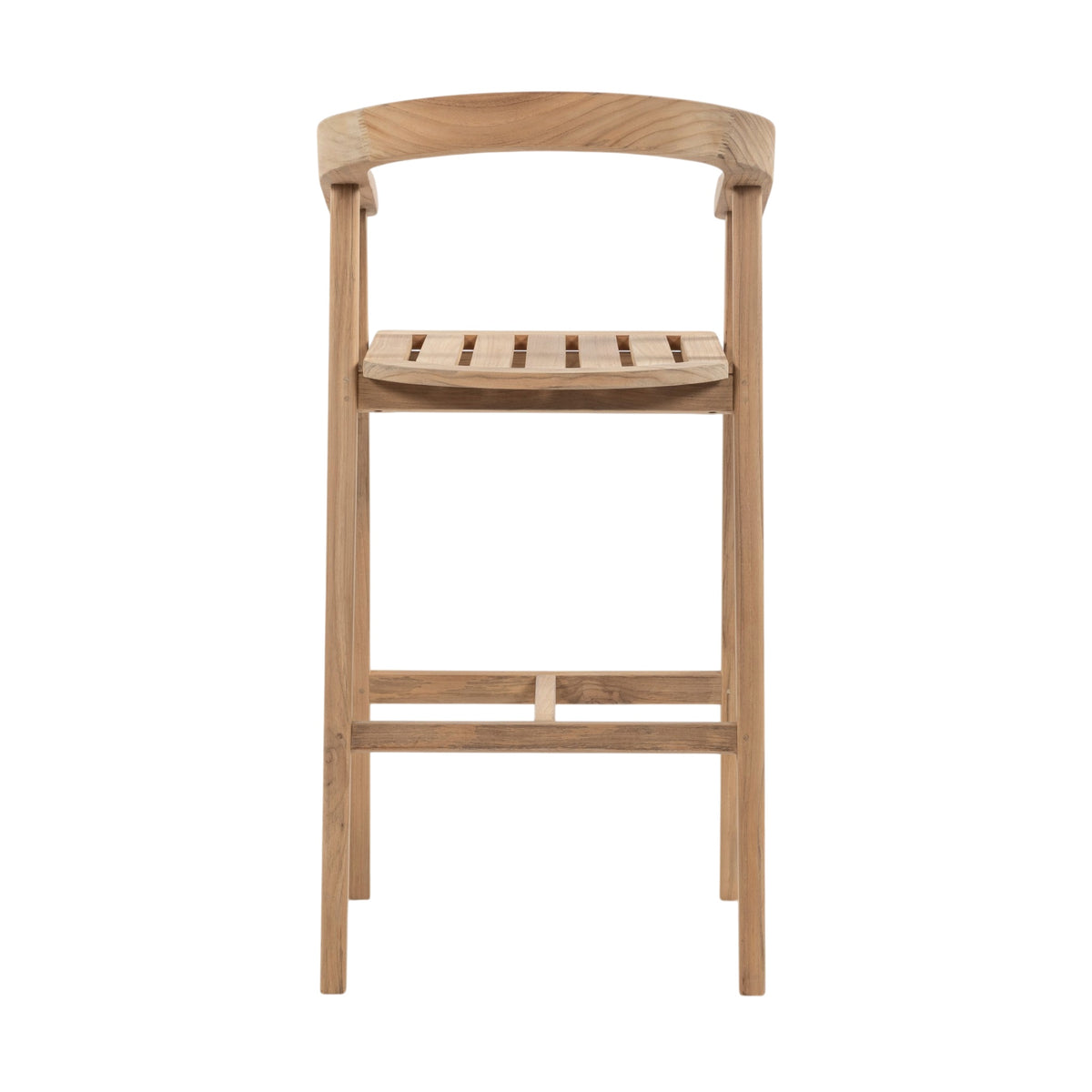 A light natural wood bar stool with a curved backrest, a slatted seat, and a footrest, shown against a plain white background.