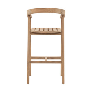 A light natural wood bar stool with a curved backrest, a slatted seat, and a footrest, shown against a plain white background.