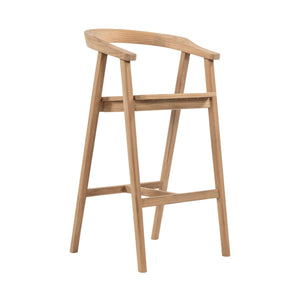 A light natural wood bar stool with a curved backrest and four legs, shown from a three-quarter angle on a solid white background.