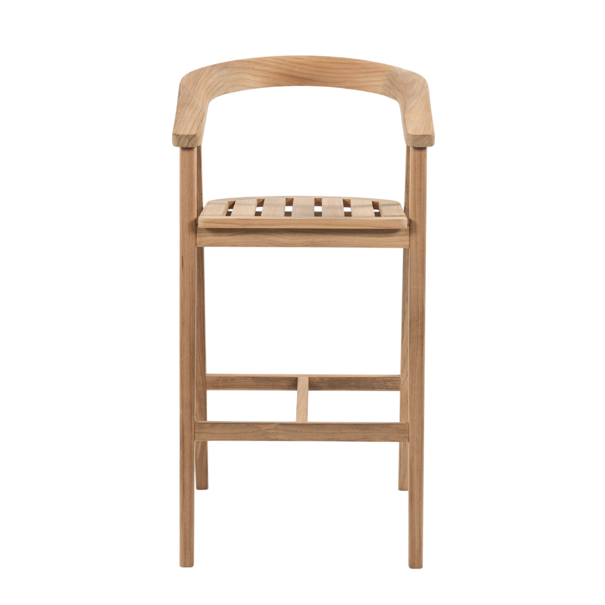 A light natural wood bar stool with a curved backrest, a slatted seat, and a footrest, shown against a plain white background.