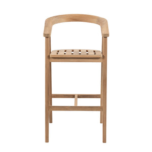 A light natural wood bar stool with a curved backrest, a slatted seat, and a footrest, shown against a plain white background.