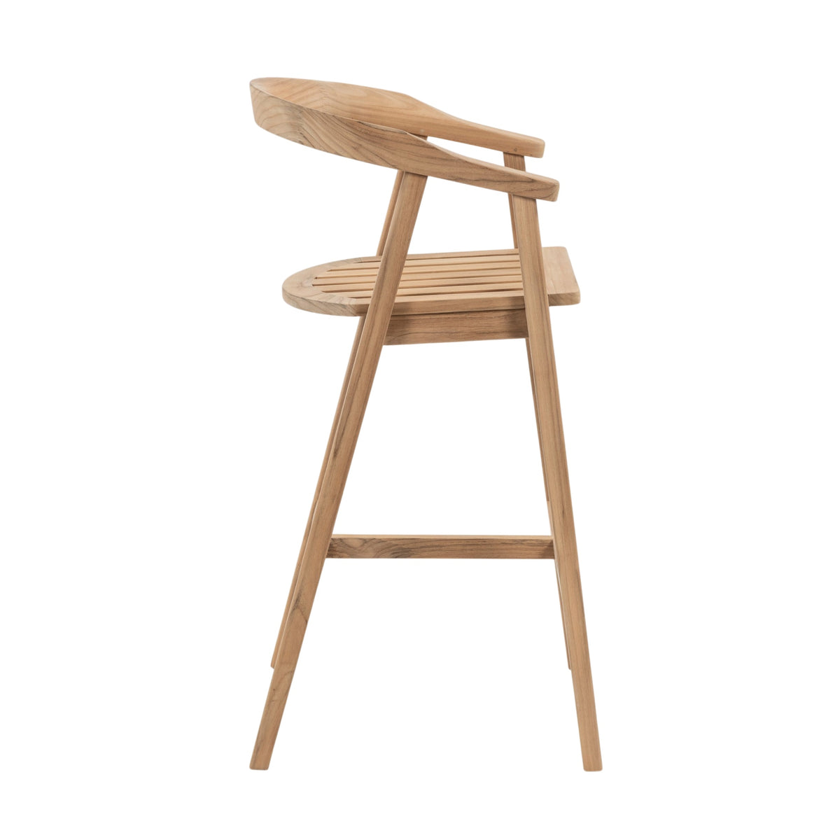 A light natural wood bar stool with a curved backrest, slatted seat, and angled legs, shown from a side profile on a solid white background.