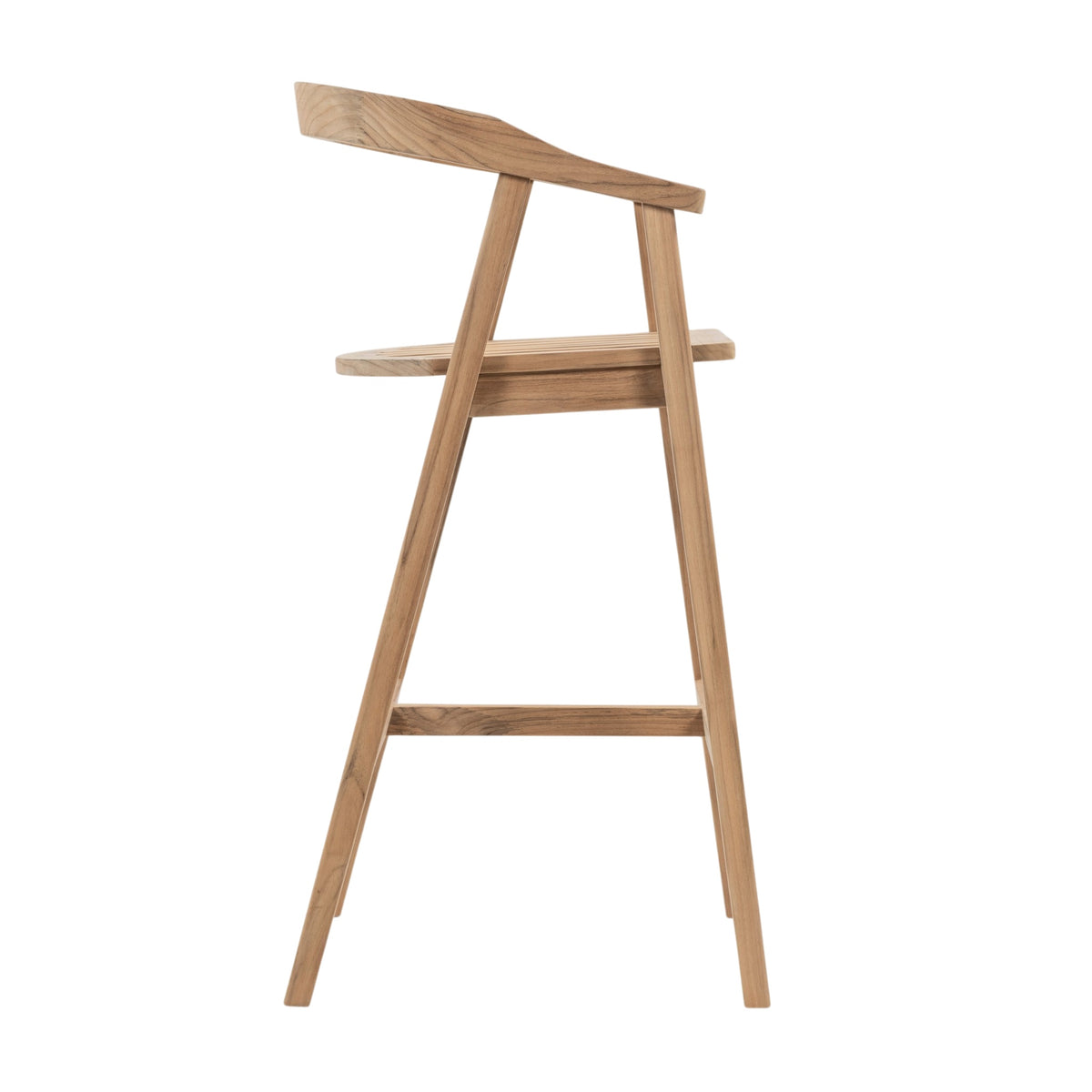 A modern wooden bar stool with a natural oak finish, featuring a high angled backrest, a small round seat, and a lower support rail, shown against a plain white background.
