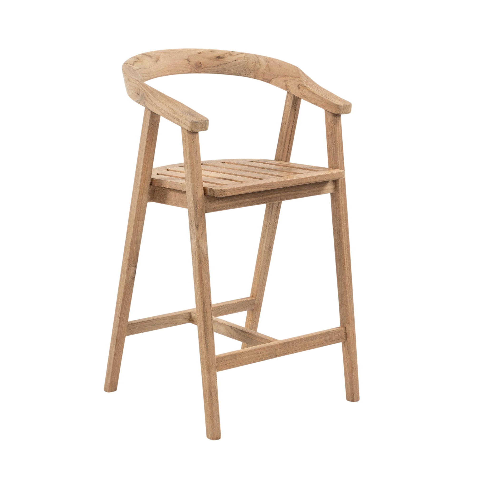 A natural wood bar stool with a curved backrest, armrests, and a slatted seat, shown on a plain white background.