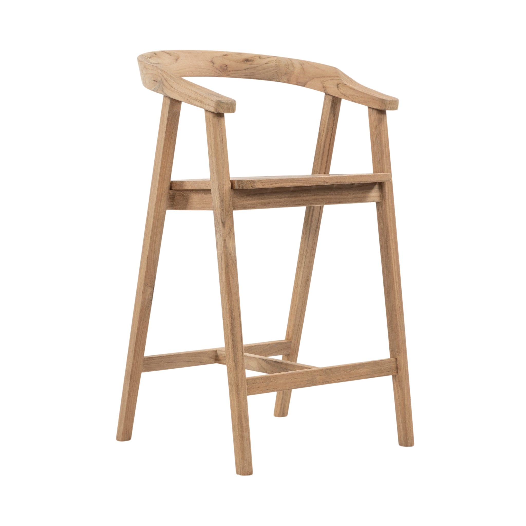 A light natural wood bar stool with a curved backrest, armrests, and a slatted seat, shown on a plain white background.