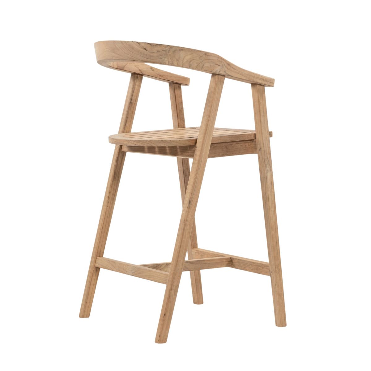 A light natural wood bar stool with a curved backrest, slatted seat, and four legs, shown on a plain white background.