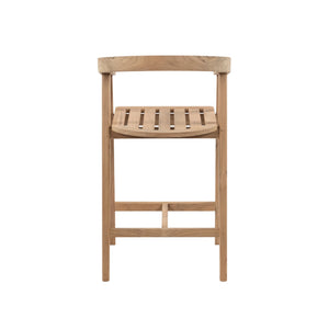 A light natural wood bar stool with a curved backrest, a slatted seat, and a lower support rail, shown against a plain white background.