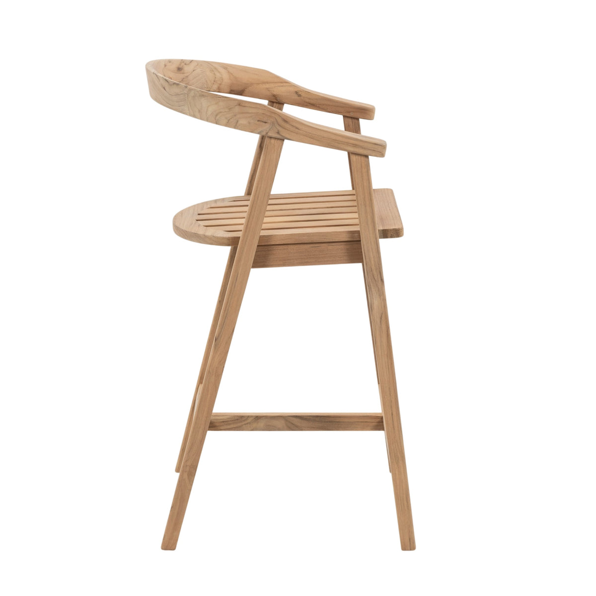 A natural wood bar stool with a curved backrest, slatted seat, and angled legs, shown from a side profile on a solid white background.