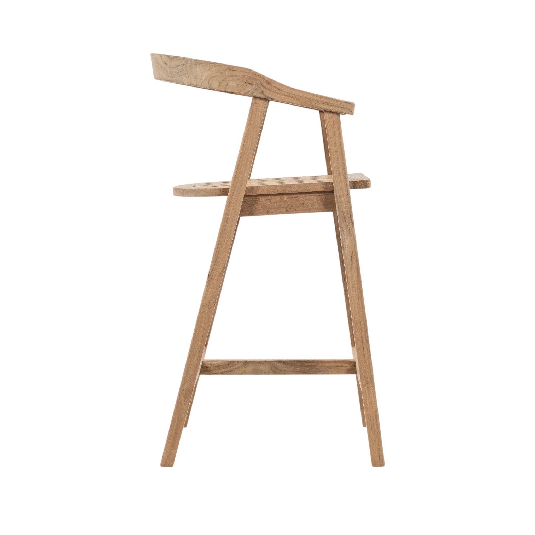 A light natural oak wooden bar stool with a high back, angled legs, and a footrest, shown from a side profile on a solid white background.