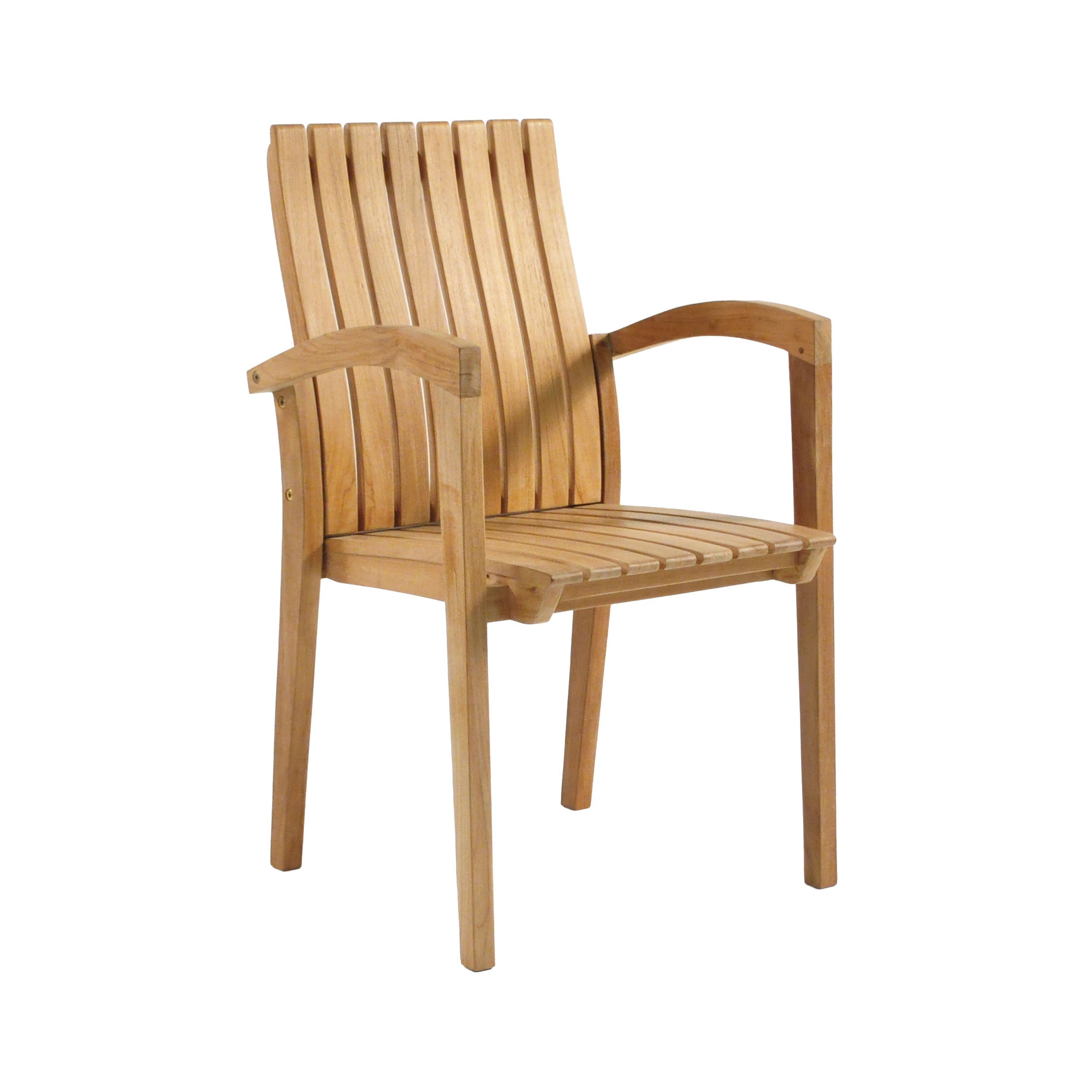 Raffles teak stackable outdoor dining chair with curved arms. Front angle view with white background.