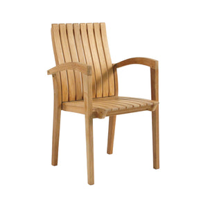 Raffles teak stackable outdoor dining chair with curved arms. Front angle view with white background.