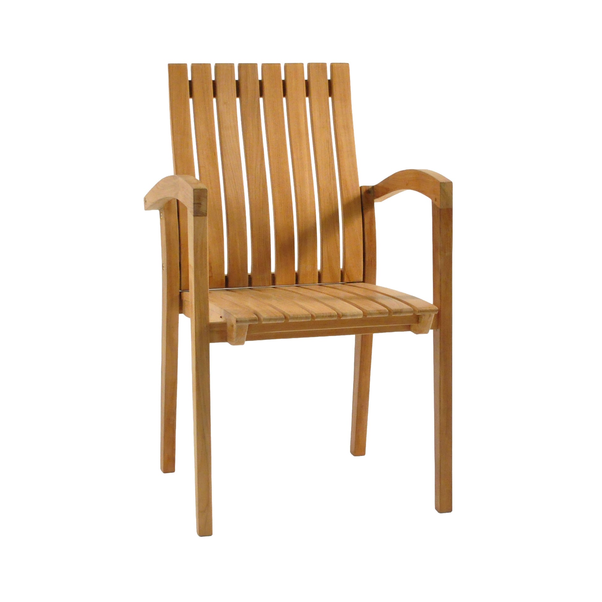 Raffles teak stackable outdoor dining chair with curved arms. Front angle view with white background.