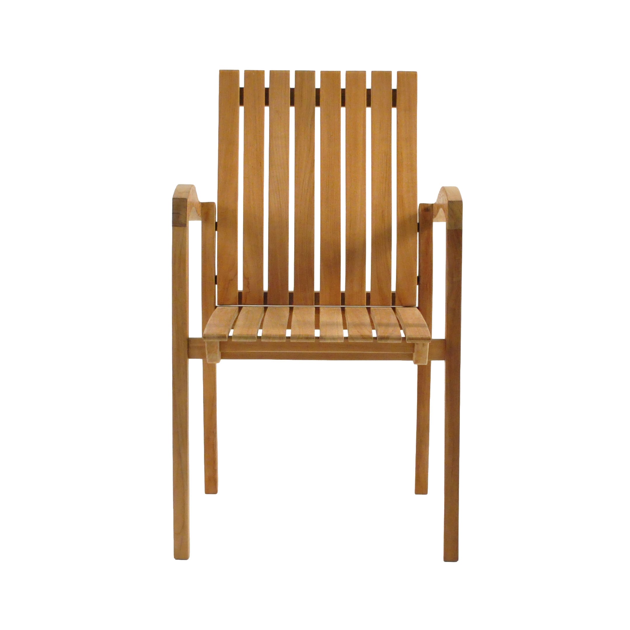 Raffles teak stackable outdoor dining chair with curved arms. Front view with white background.