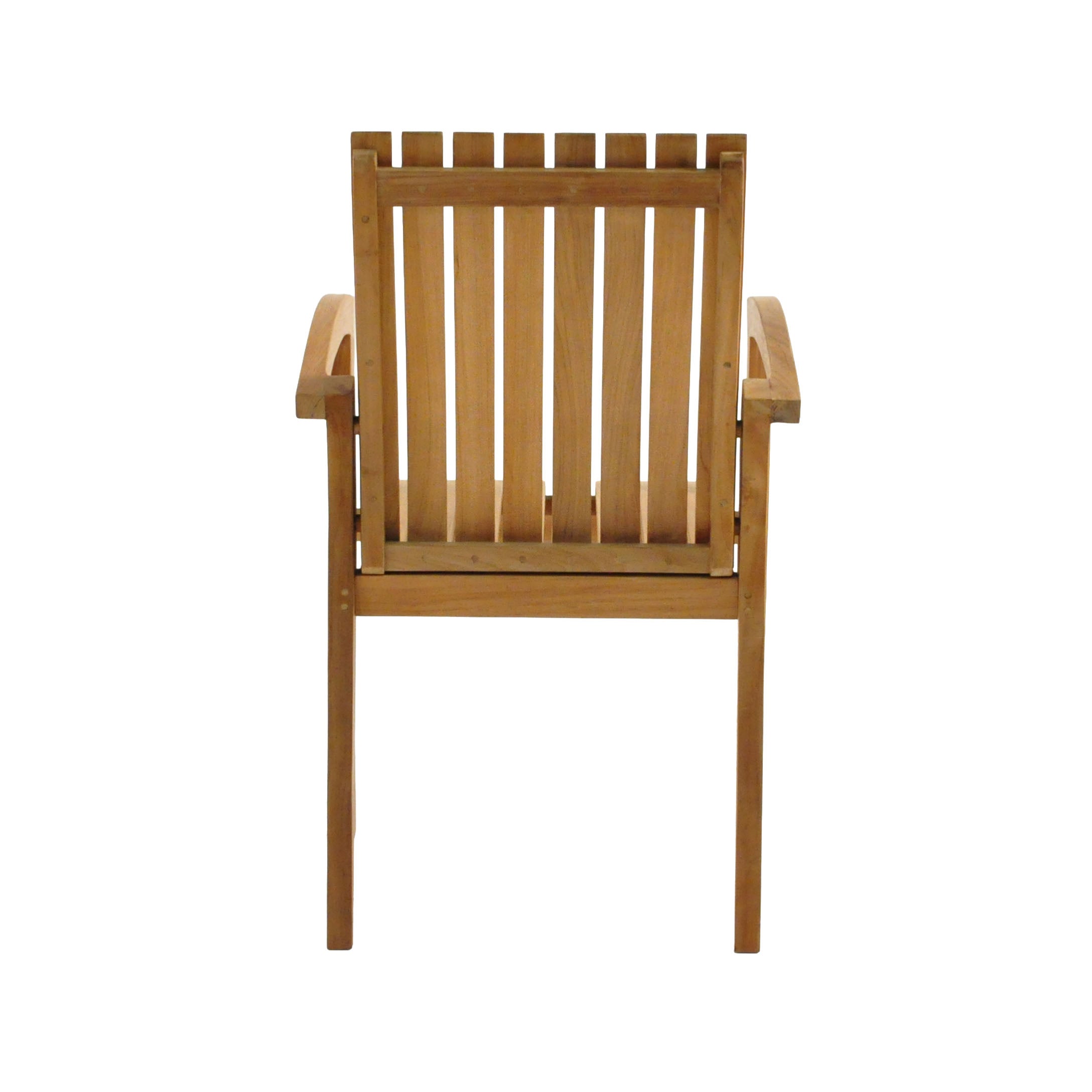 Raffles teak stackable outdoor dining chair with curved arms. Rear view with white background.