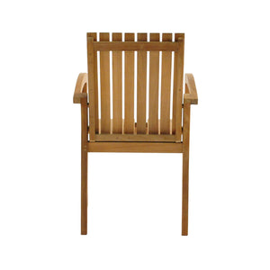 Raffles teak stackable outdoor dining chair with curved arms. Rear view with white background.