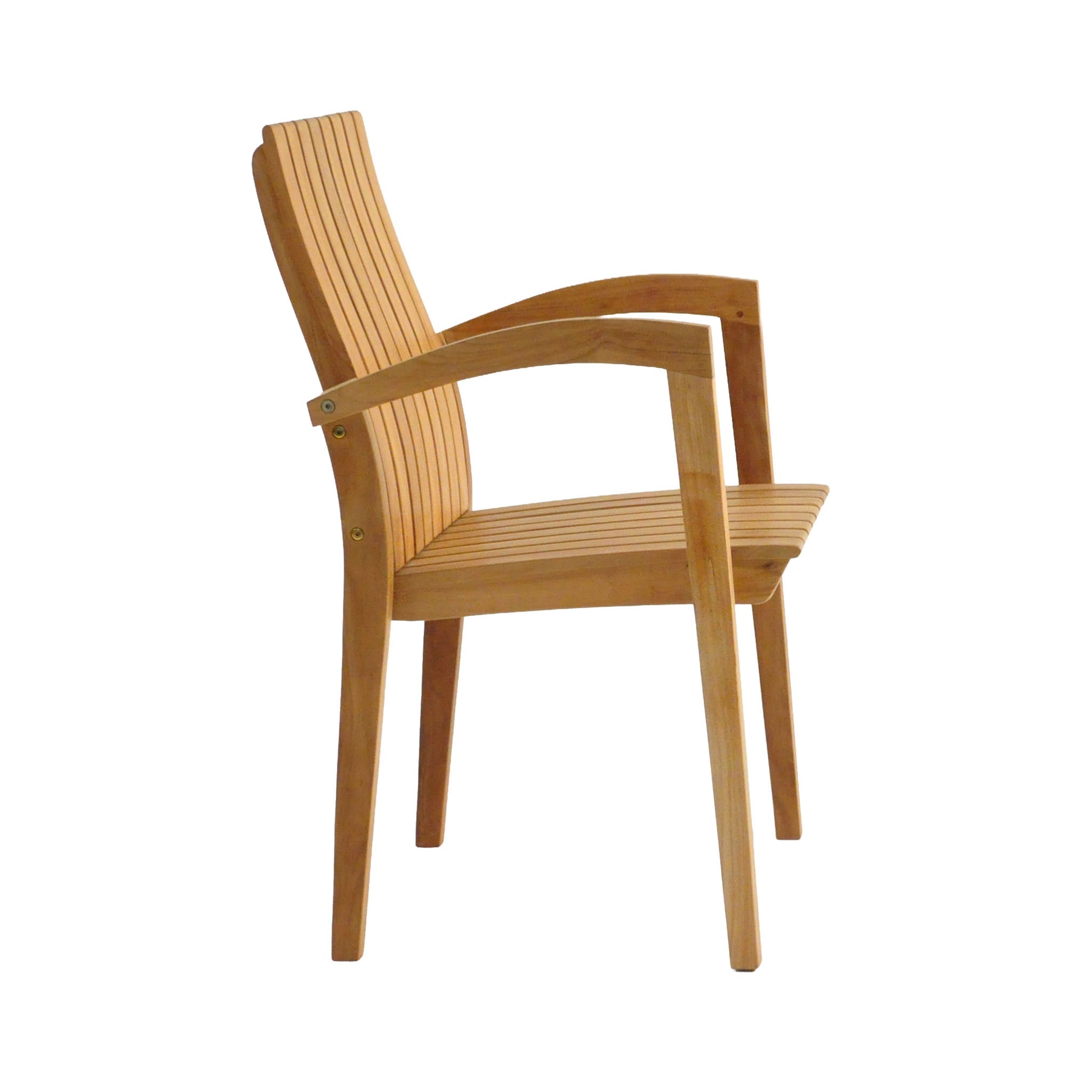 Raffles teak stackable outdoor dining chair with curved arms. Side view with white background.
