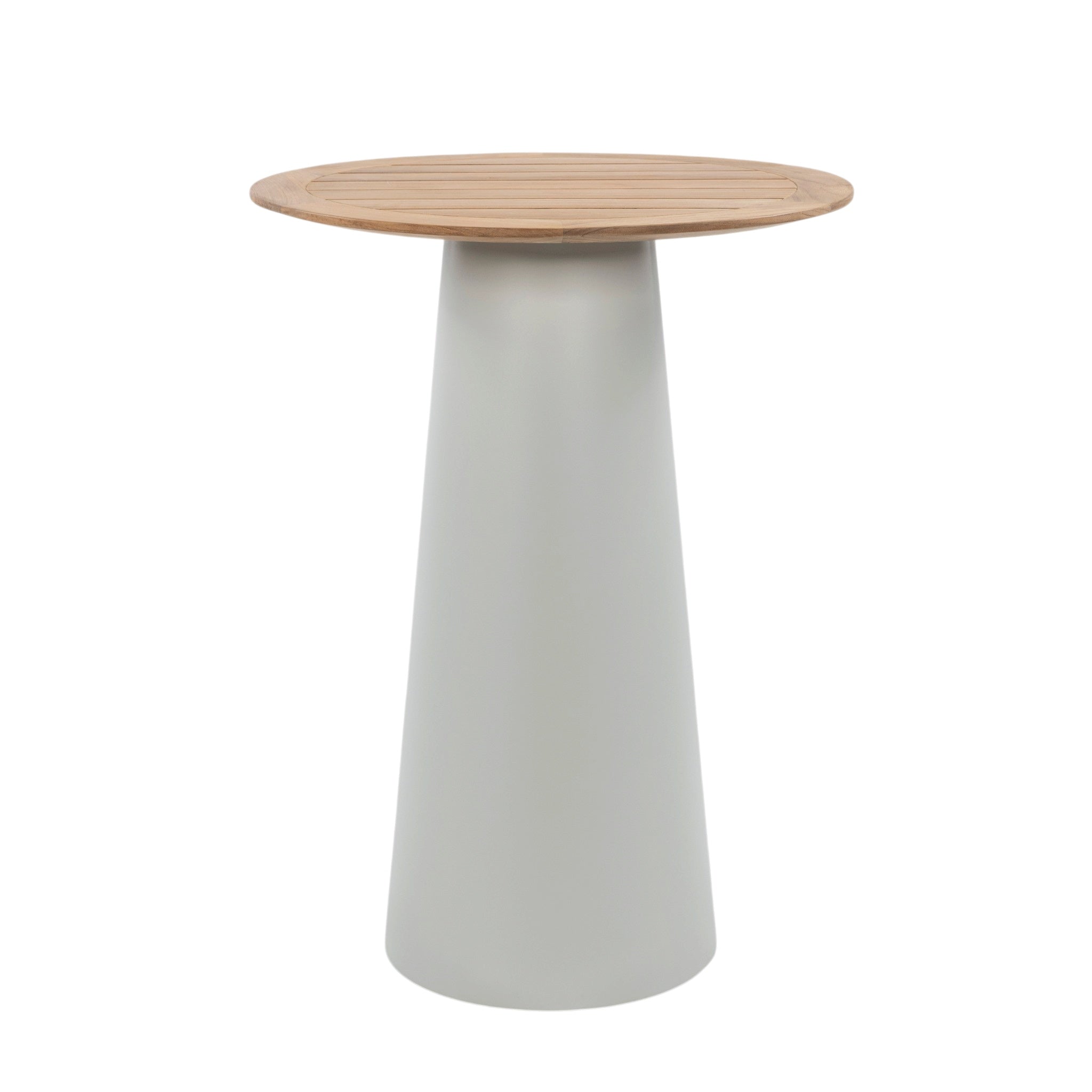 Rappels teak and aluminium outdoor bar table with round slatted teak tabletop and tapered light grey pedestal base
