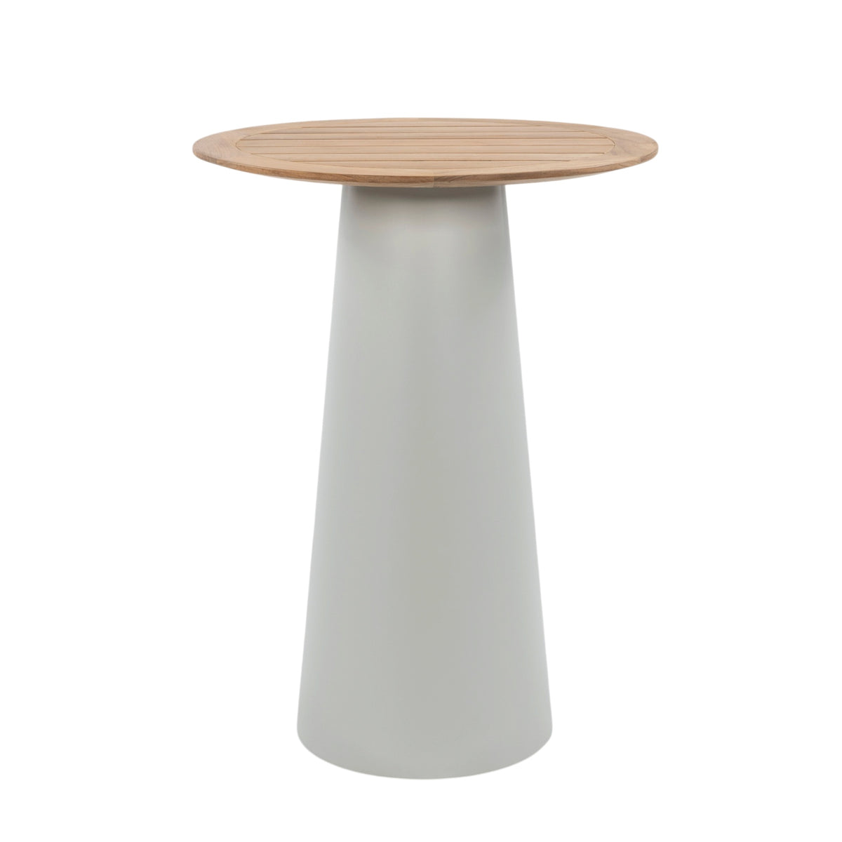 Rappels teak and aluminium outdoor bar table with round slatted teak tabletop and tapered light grey pedestal base