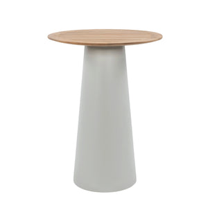 Rappels teak and aluminium outdoor bar table with round slatted teak tabletop and tapered light grey pedestal base