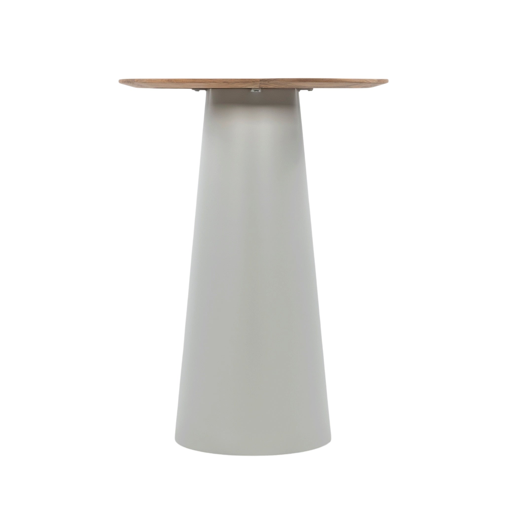 Front view of Rappels outdoor bar table showing circular teak tabletop supported by a powder-coated aluminium pedestal