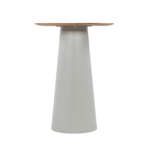 Front view of Rappels outdoor bar table showing circular teak tabletop supported by a powder-coated aluminium pedestal