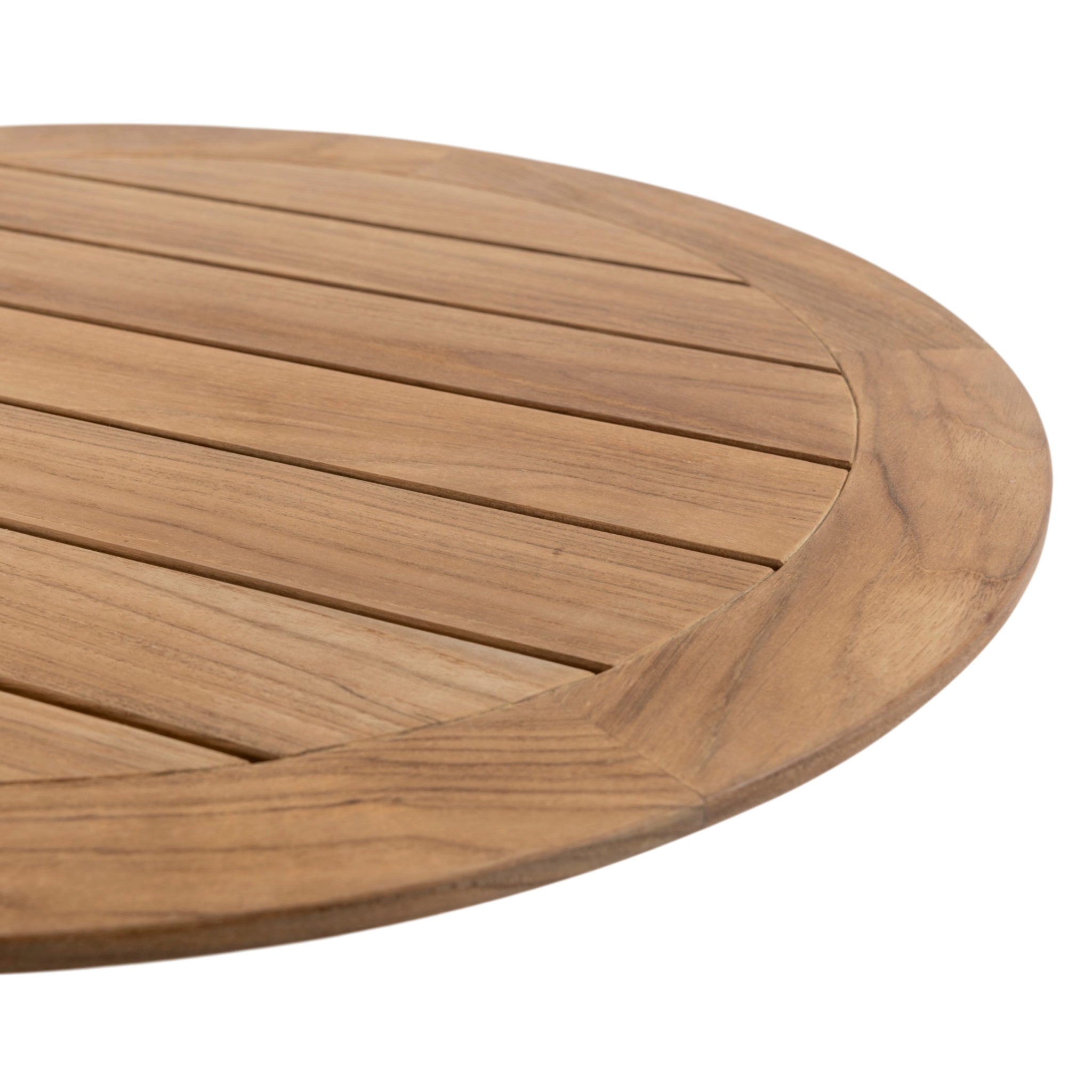Close-up of Rappels outdoor bar table showing natural teak slats, rounded tabletop edge and timber grain