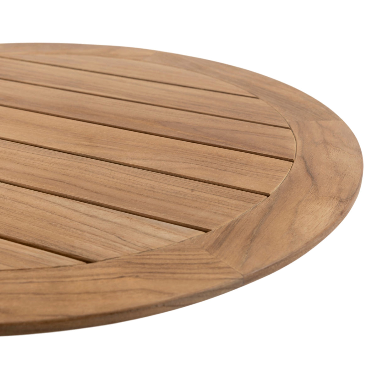Close-up of Rappels outdoor bar table showing natural teak slats, rounded tabletop edge and timber grain
