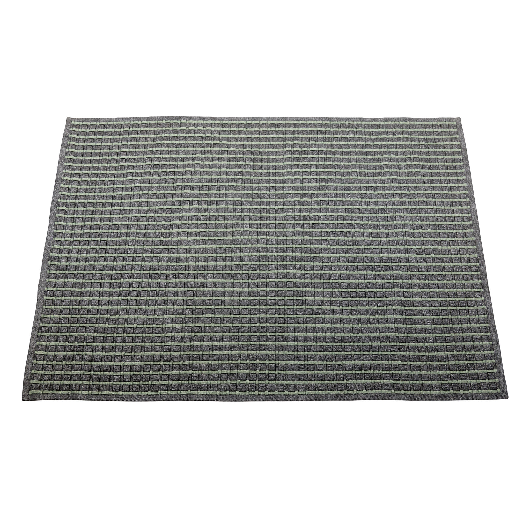 Full view of square outdoor floor rug with  accented squares in a teal colour