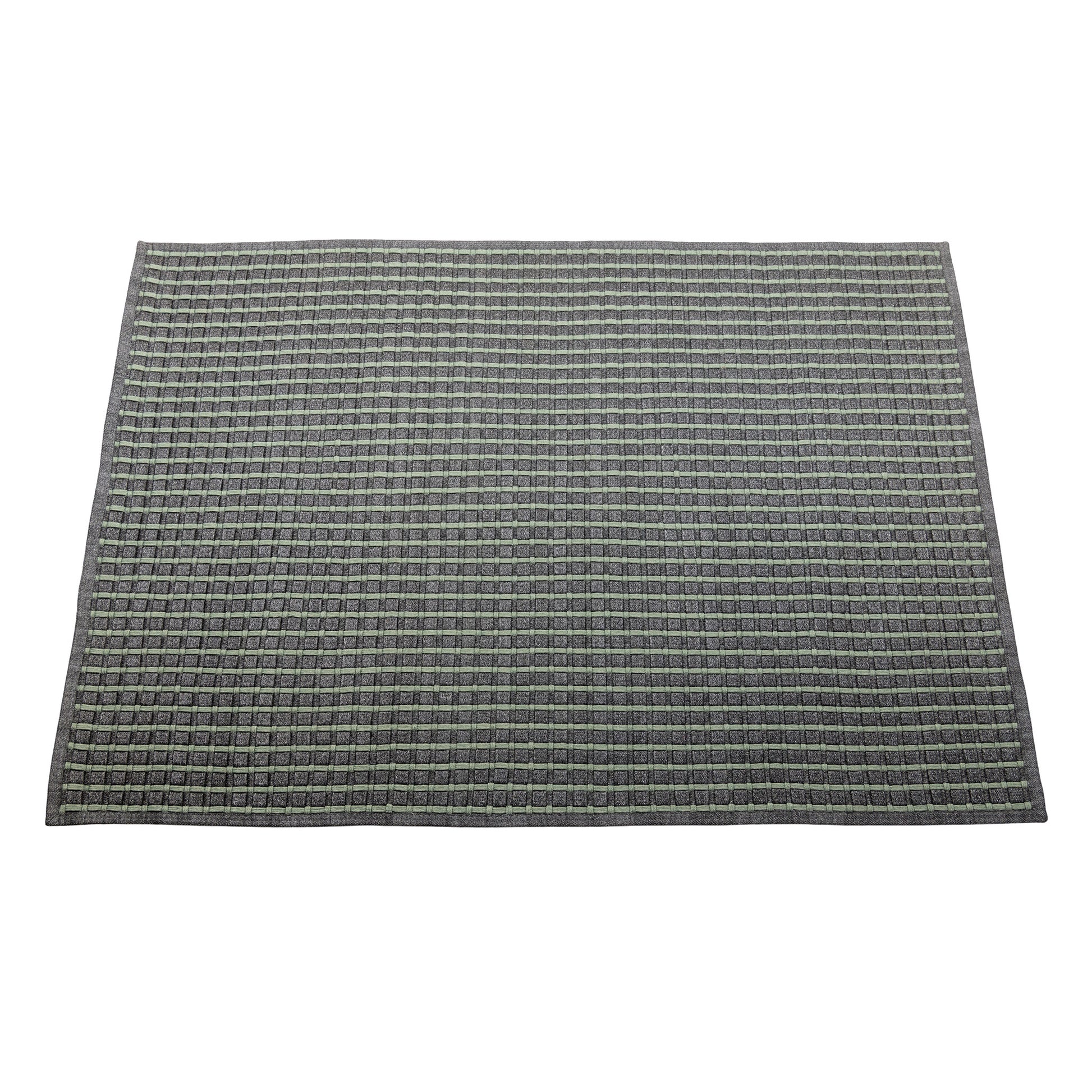 Full view of square outdoor floor rug with  accented squares in a teal colour