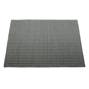 Full view of square outdoor floor rug with  accented squares in a teal colour