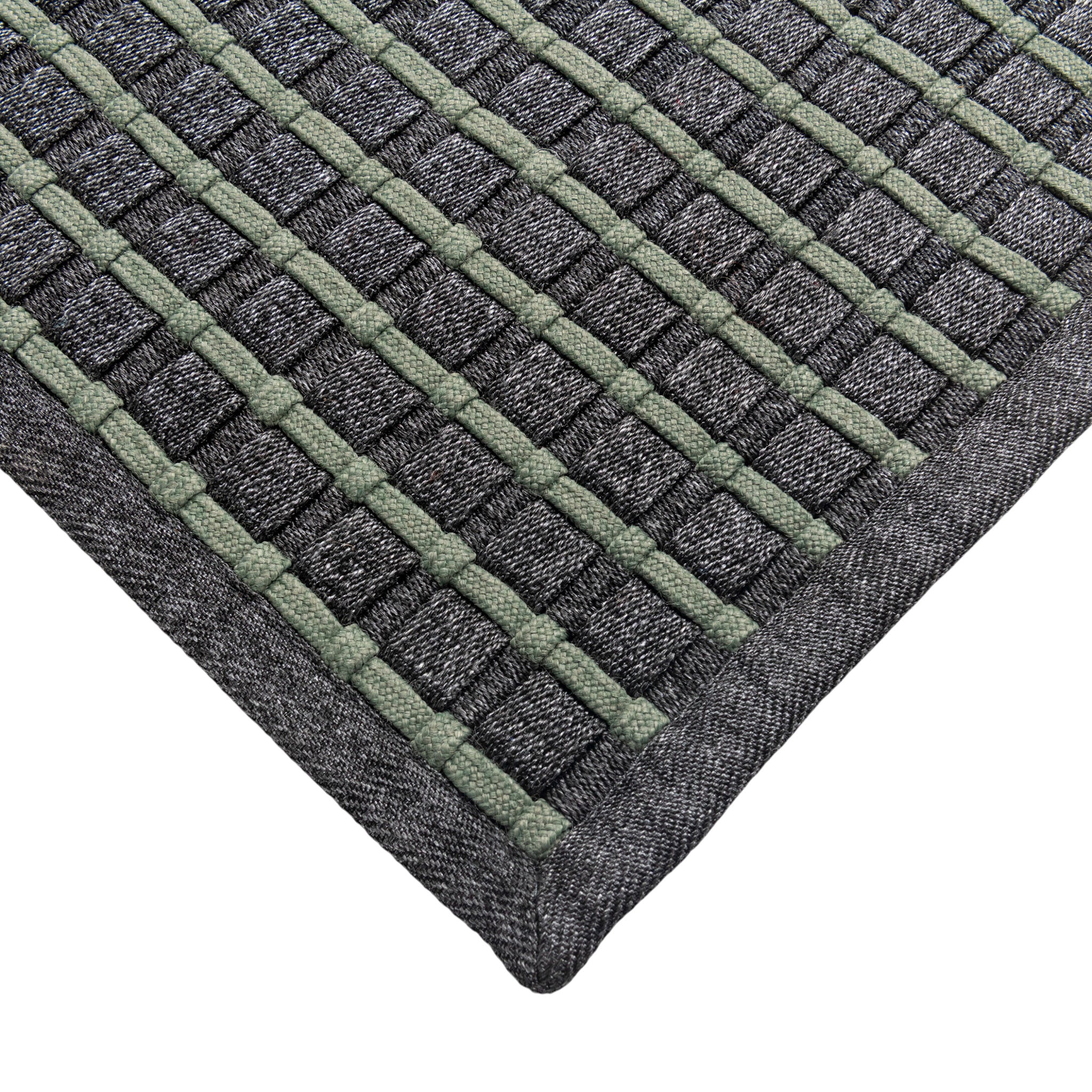 Textured outdoor floor rug with a grid pattern in gray and green on a white background