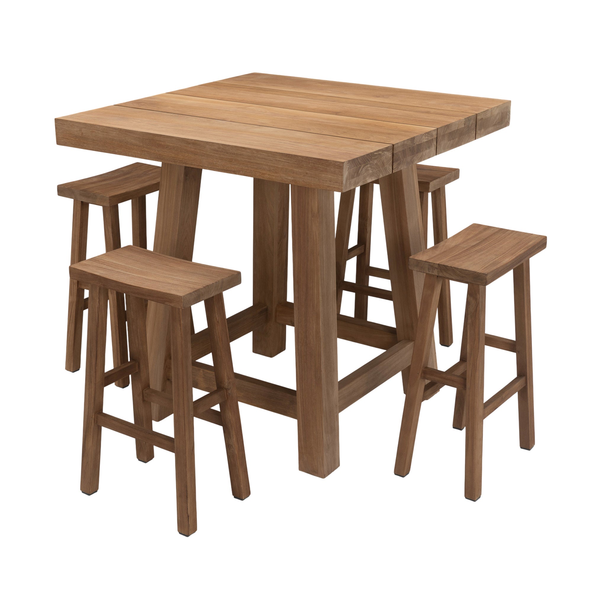 A-grade teak outdoor trestle bar table. Overview with four bar height stools.