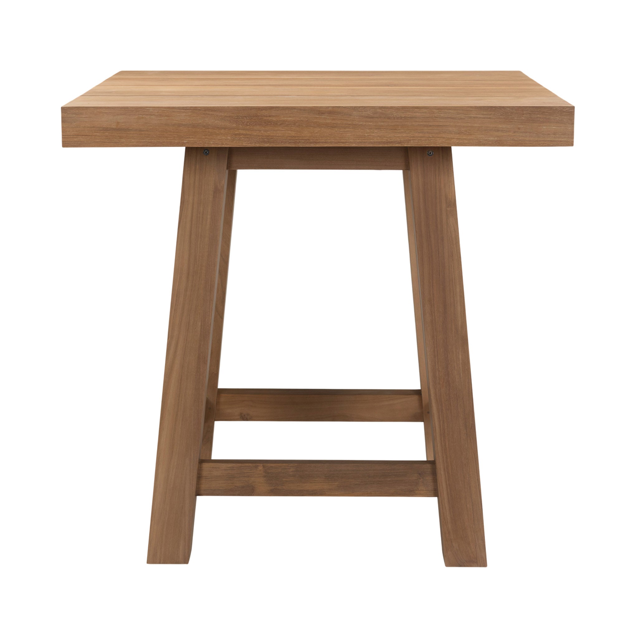 A-grade teak outdoor trestle bar table. Side view.