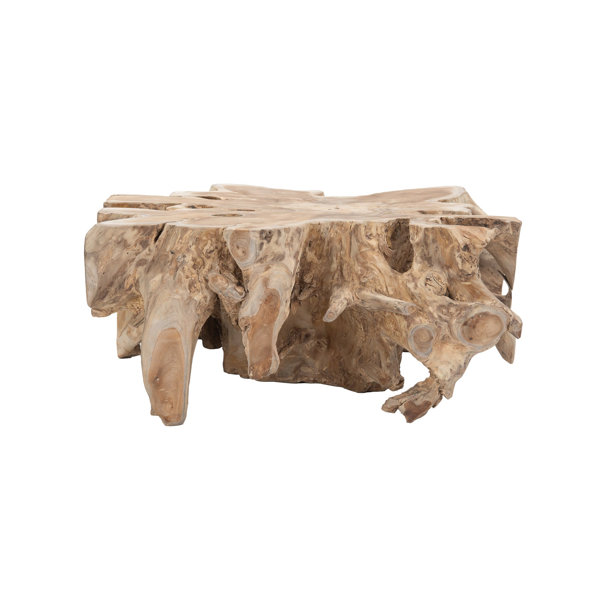 Reclaimed teak root console table showing sculptural organic form and raw texture.