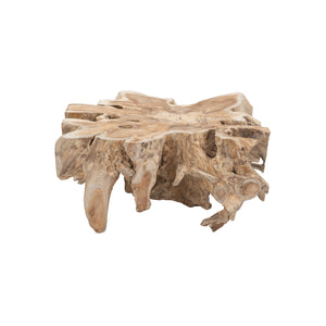 Natural teak root console table highlighting irregular contours and artisanal finish.