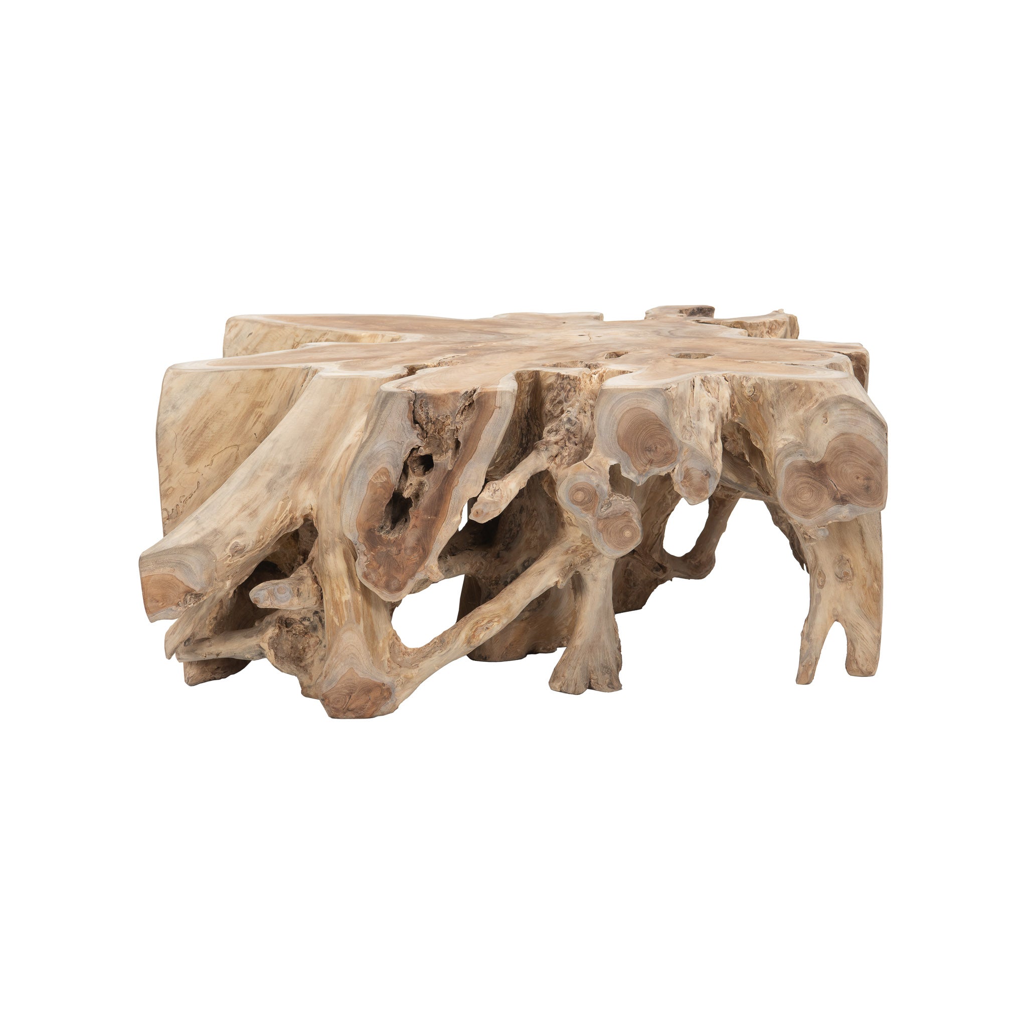 Natural teak root console table highlighting irregular contours and artisanal finish. Front view.