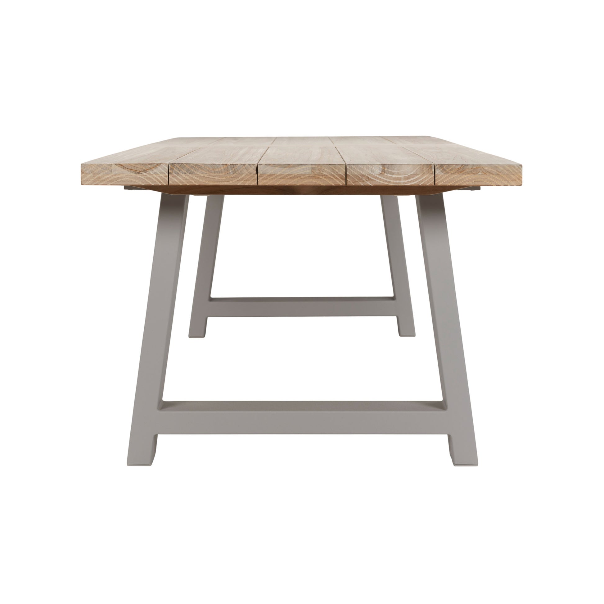 Santa Fe teak and aluminium dining table in linen colour way for frame. Straight, end view of table.