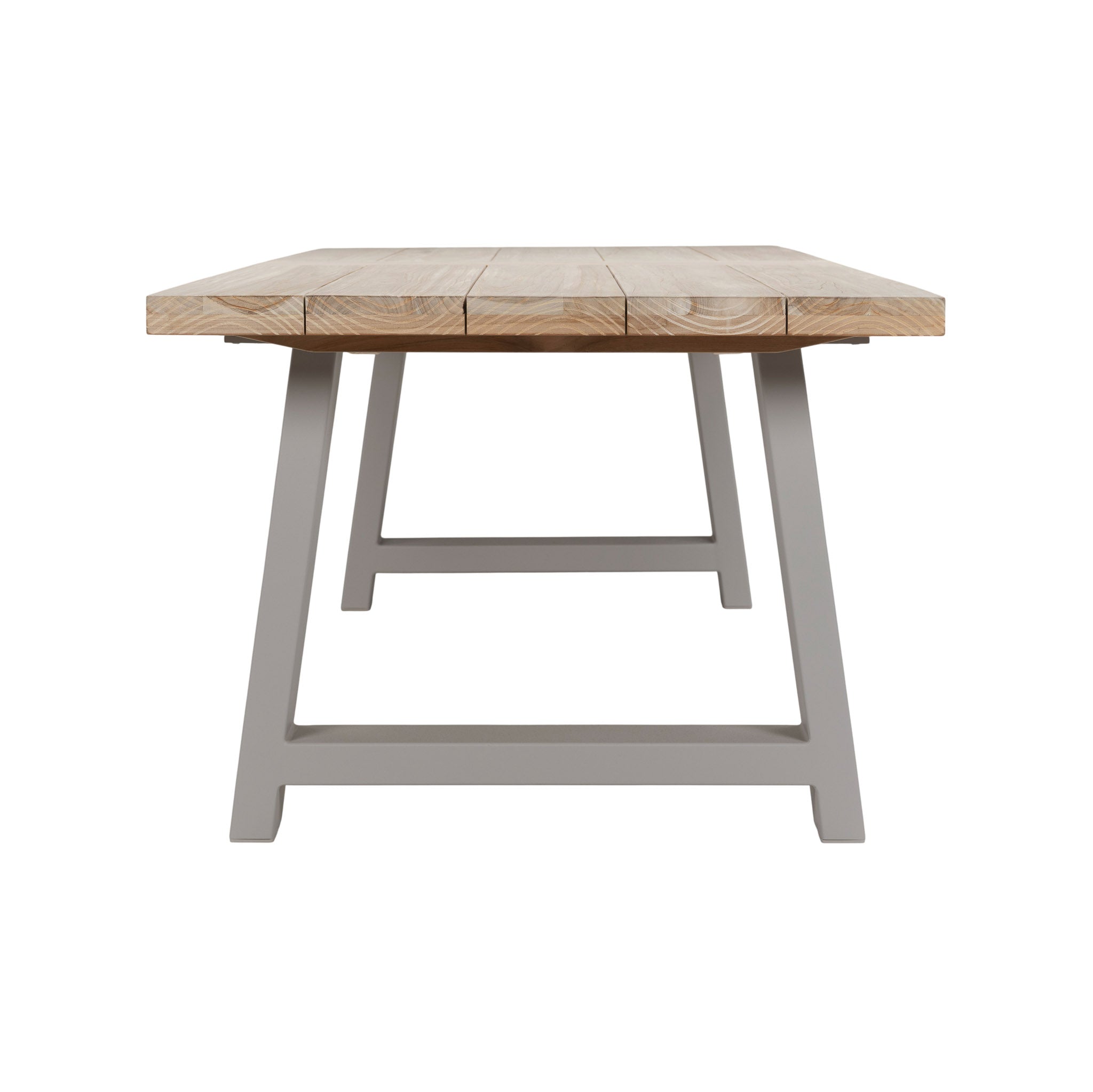 Santa Fe teak and aluminium dining table in linen colour way for frame. Straight, end view of table.