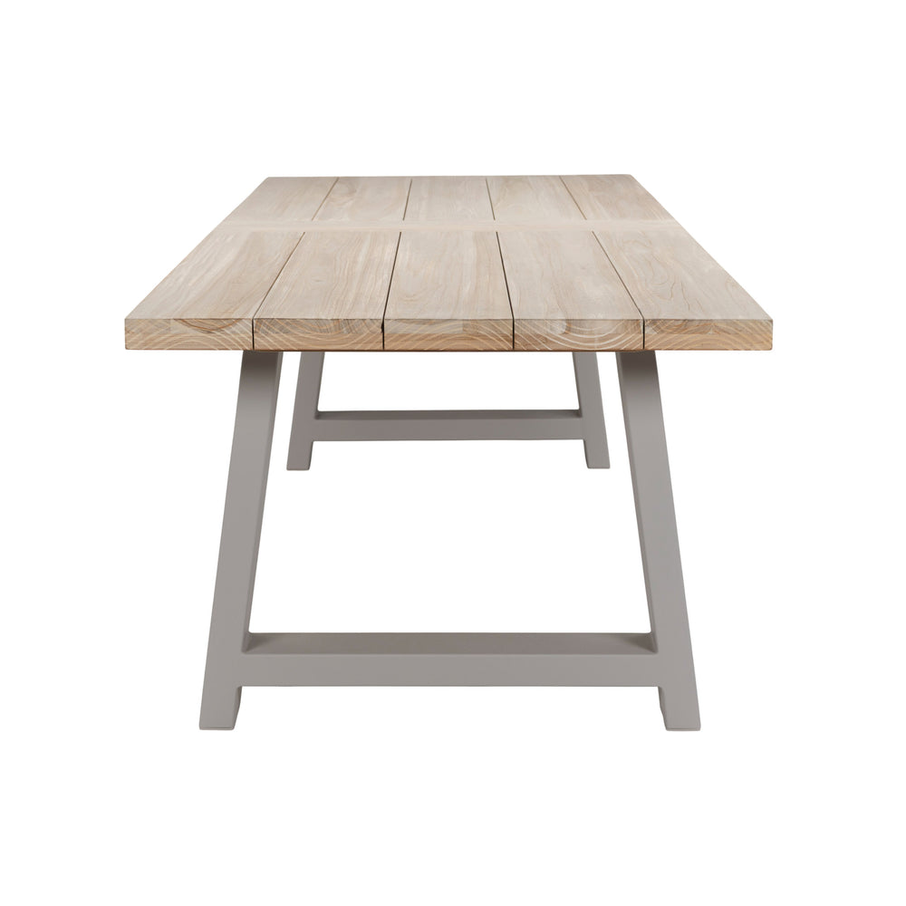 Santa Fe teak and aluminium dining table in linen colour way for frame. End view.