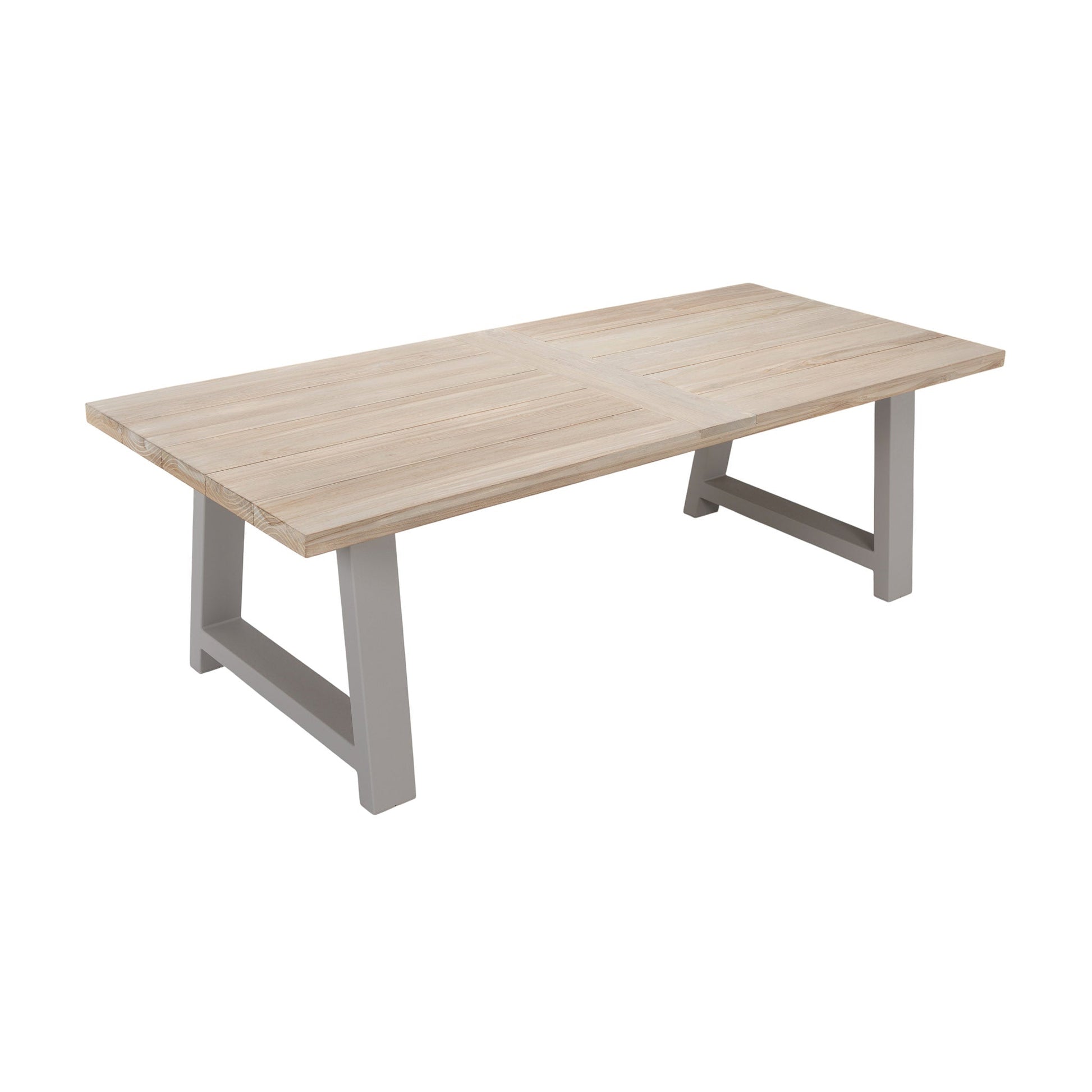 Santa Fe teak and aluminium dining table in linen colour way for frame. Top down, front angle view.