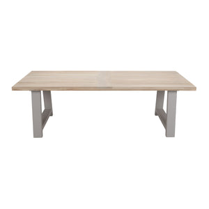 Santa Fe teak and aluminium dining table in linen colour way for frame. Top down, side view.