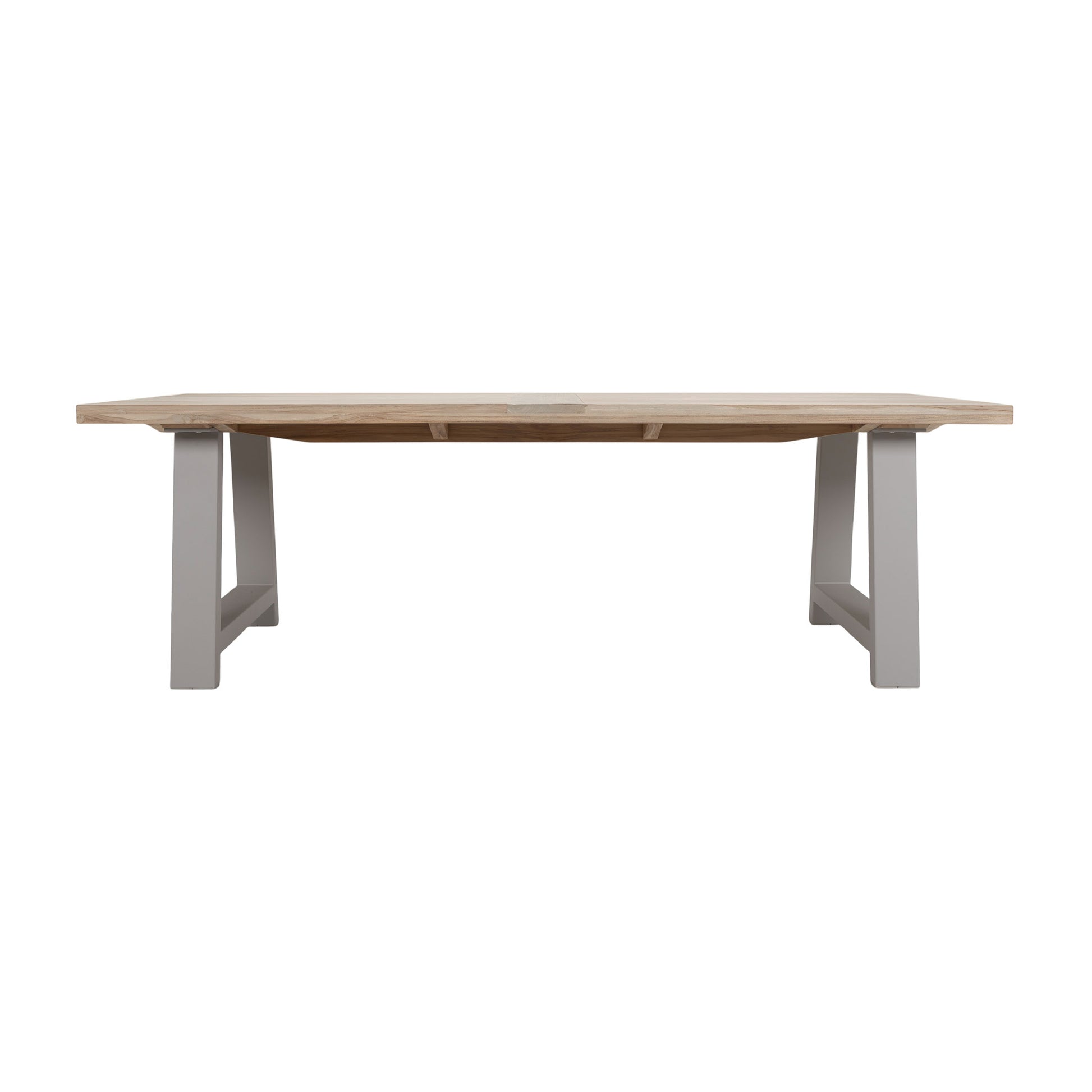 Santa Fe teak and aluminium dining table in linen colour way for frame. Side view.