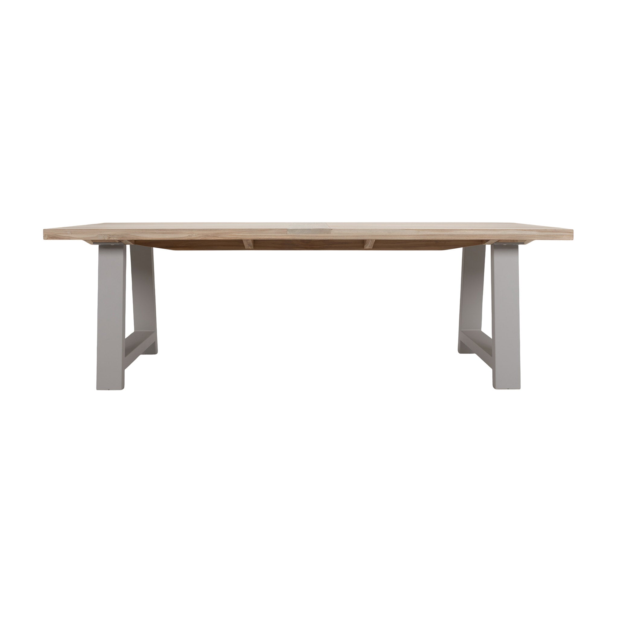 Santa Fe teak and aluminium dining table in linen colour way for frame. Side view.