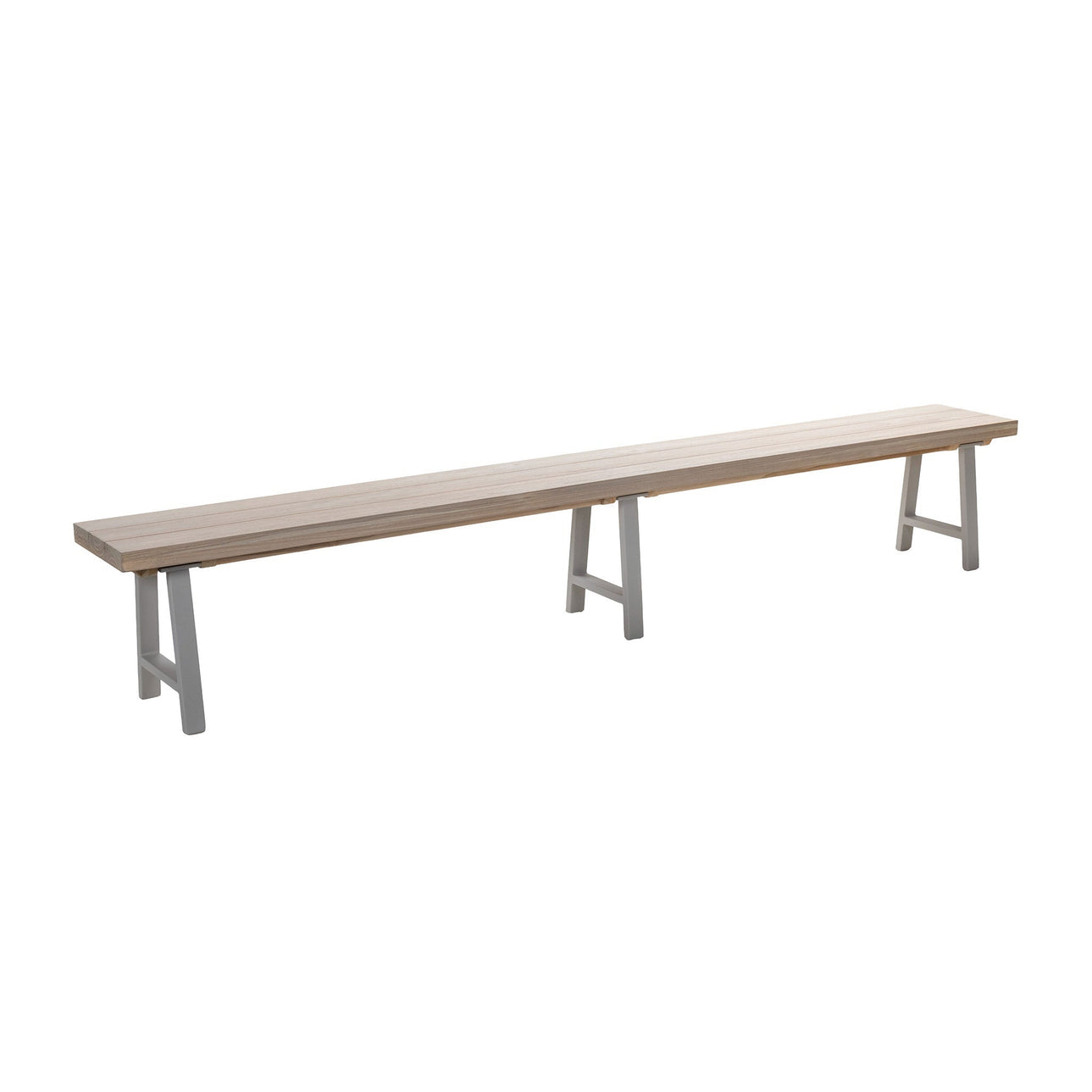 Long wooden bench with linen coloured legs on a white background. Front angle view.