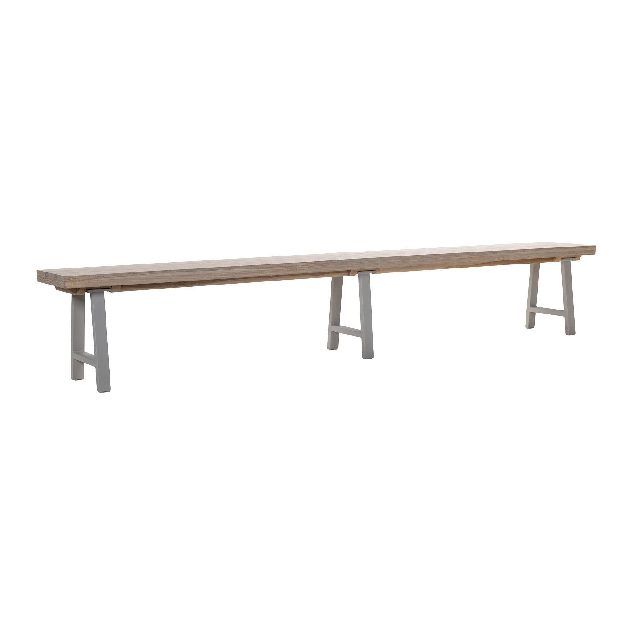 Santa Fe teak and aluminium outdoor bench. Front angle view.