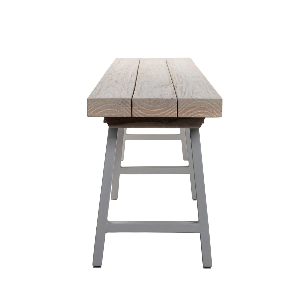 Long wooden bench with linen coloured legs on a white background. End view.