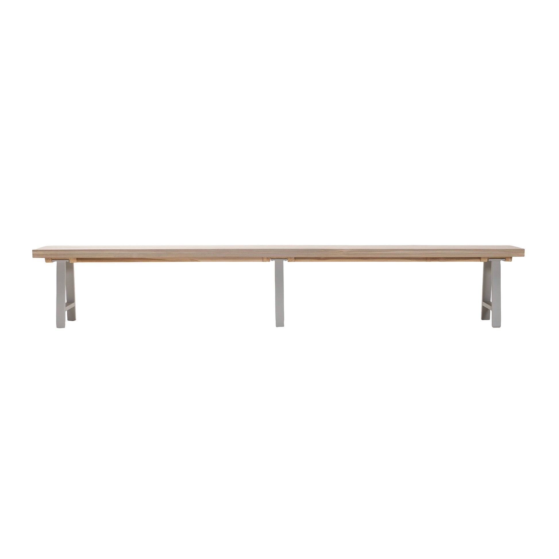 Long wooden bench with linen coloured legs on a white background. Front view.