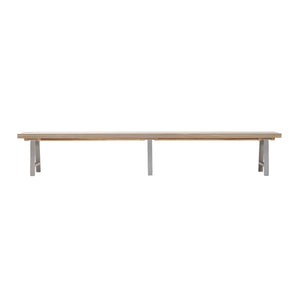 Long wooden bench with linen coloured legs on a white background. Front view.
