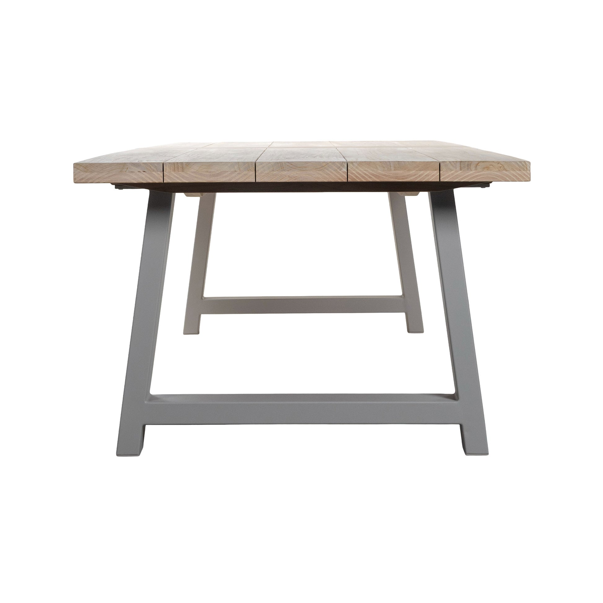 Wooden table with gray metal legs on a white background